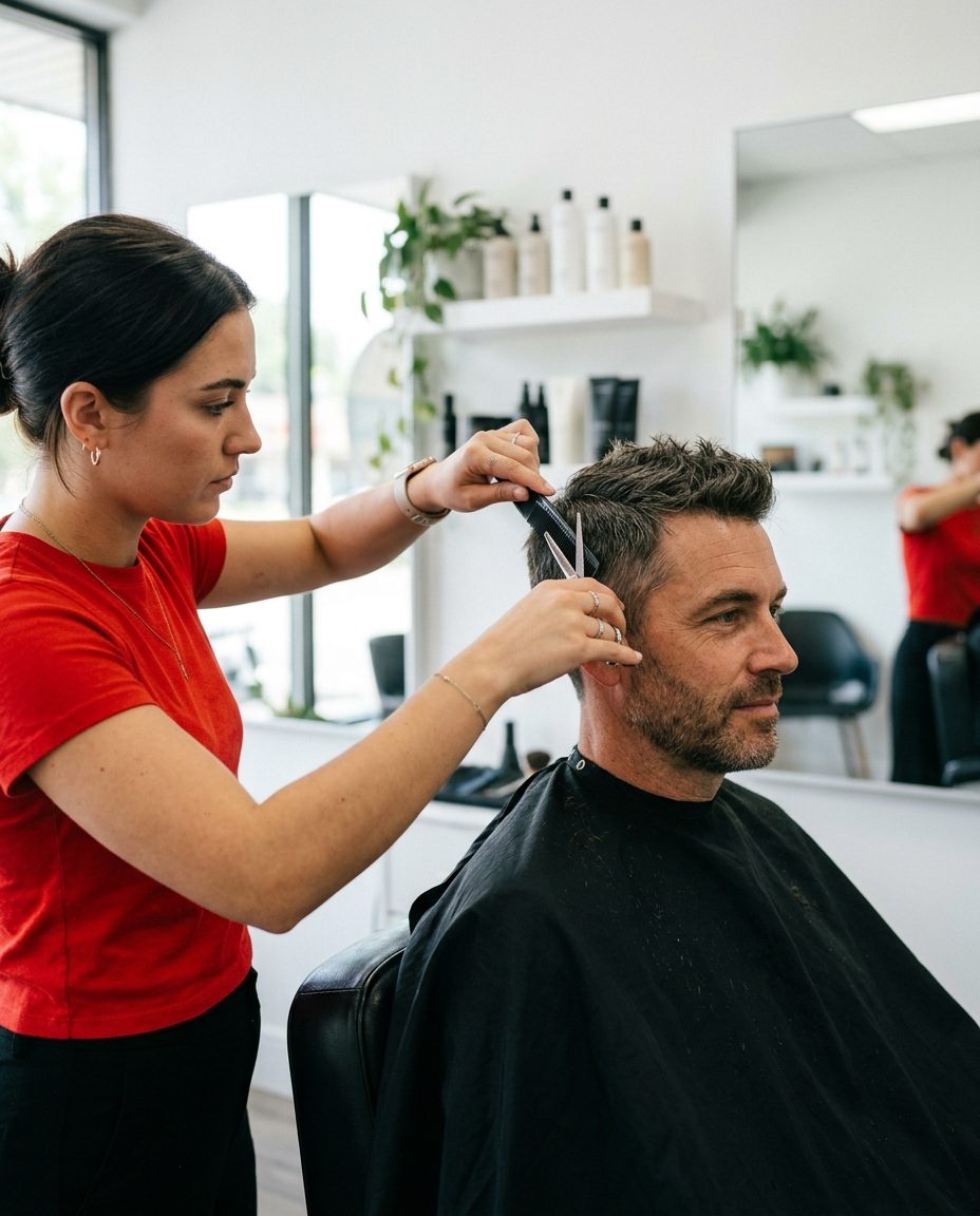 Peluquera cortando el pelo a un hombre con tijera y peine