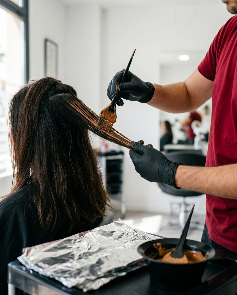Peluquera aplicando mechas balayage con pincel