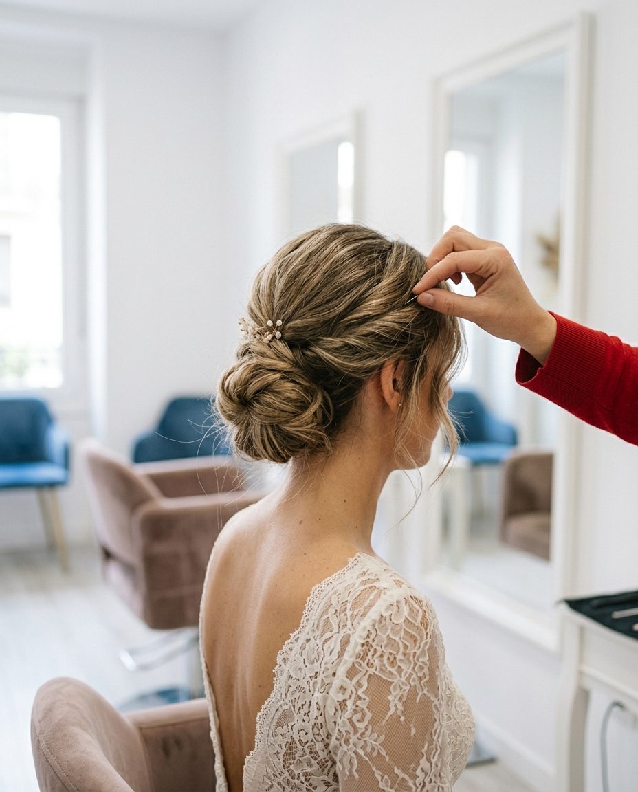 Novia con un recogido bajo mientras la peluquera coloca una horquilla