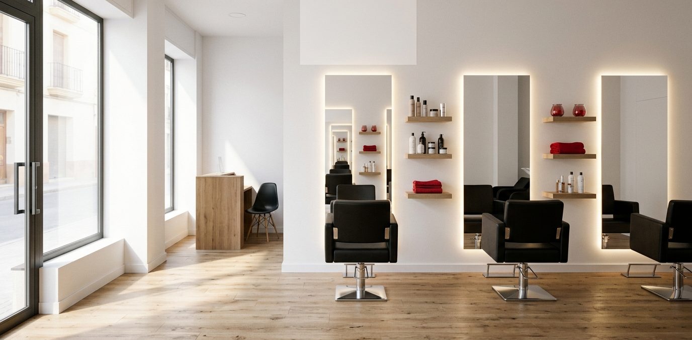 Interior luminoso de una peluquería con tocadores y sillones negros